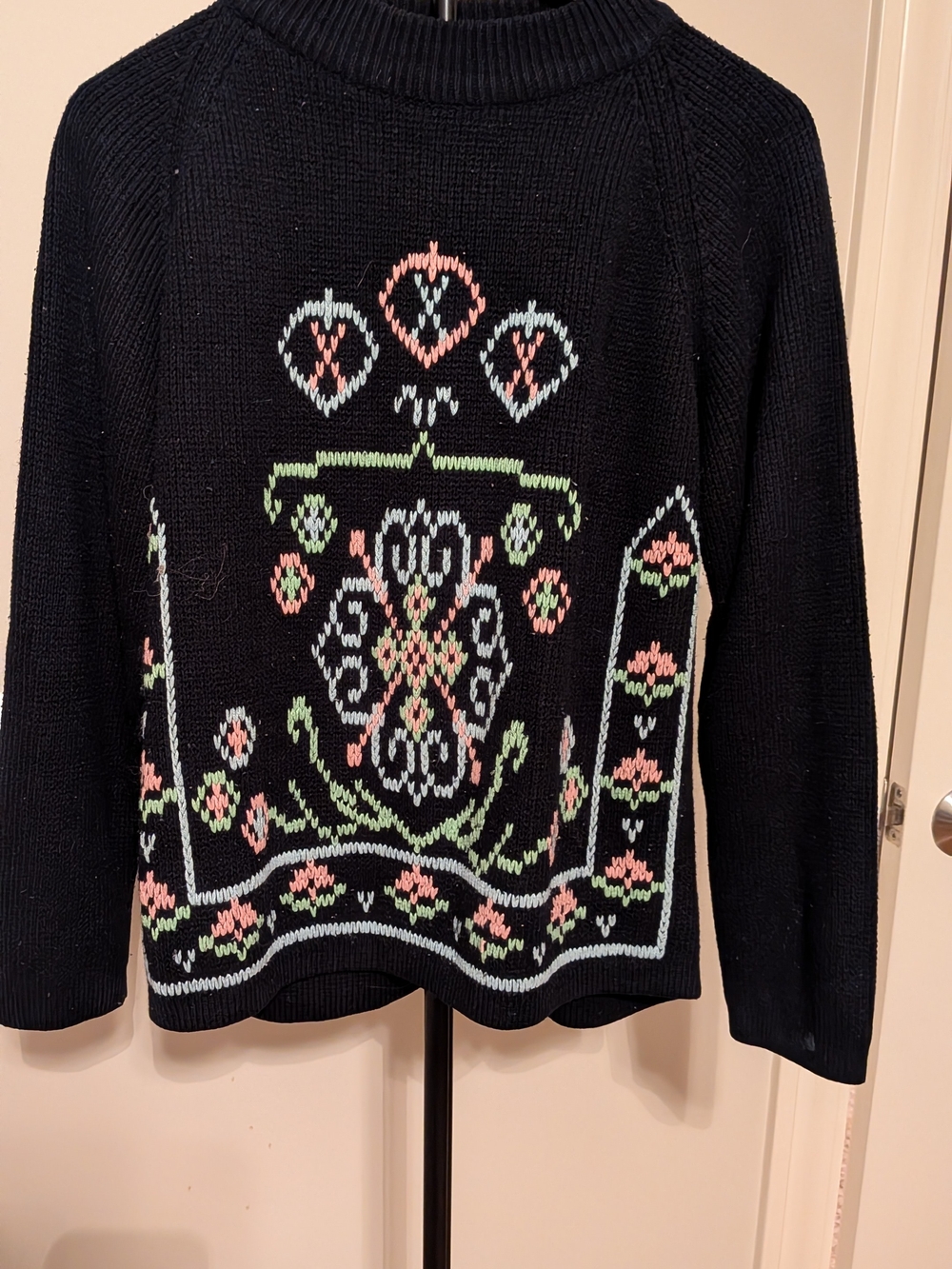 Vintage Black Crewneck Sweater with Pink and Mint Floral Motif